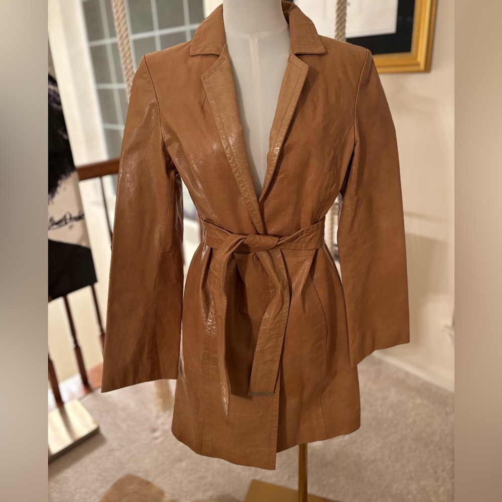 Express Caramel Belted Leather Trench Coat